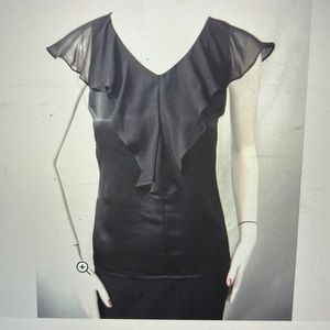 NWT St John black silk shell size 6 charmeuse base with chiffon ruffle v-neck